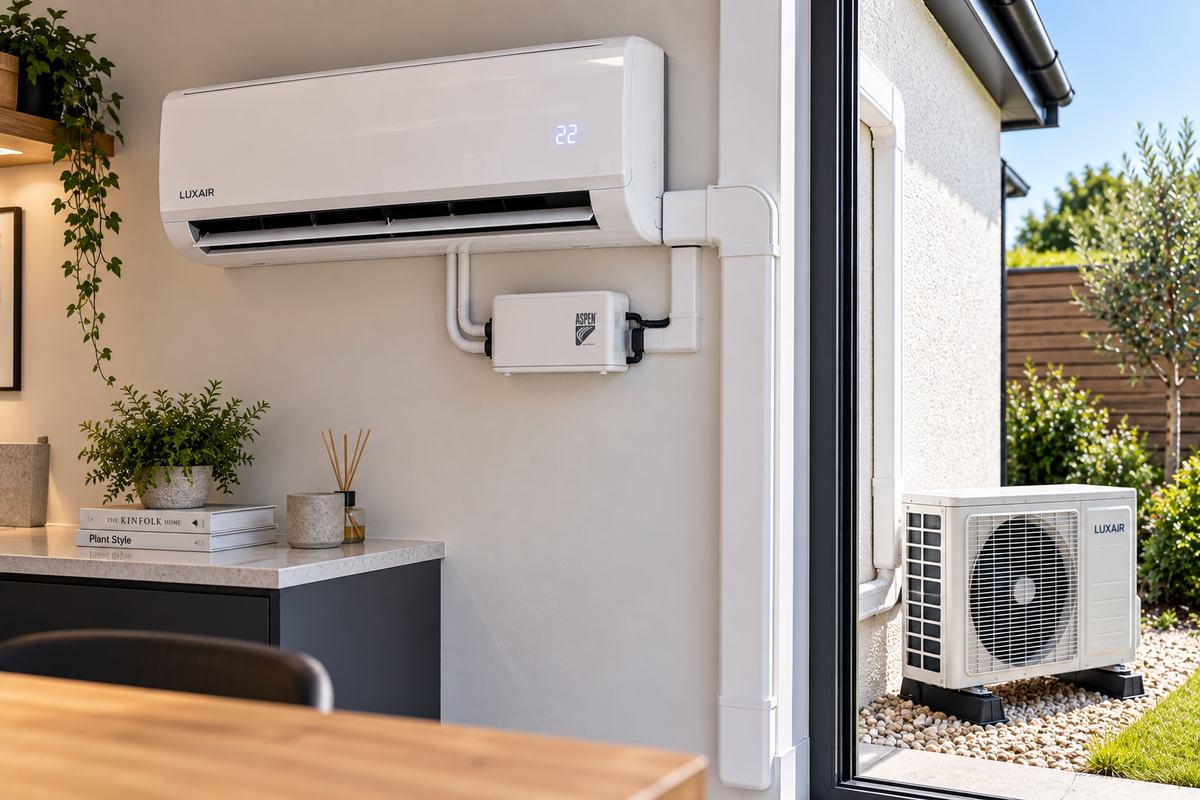 Air conditioning condensate pump installed with wall mounted AC unit