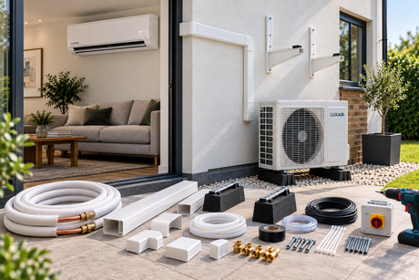 Air conditioning installation accessories including pipework, trunking, brackets and drainage