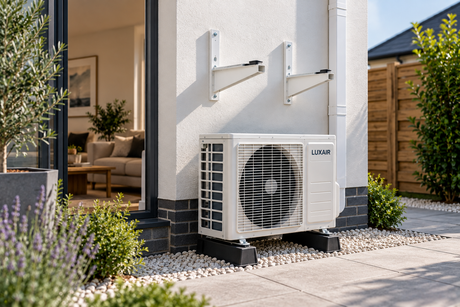 Air conditioning outdoor unit installed securely on ground mounting feet