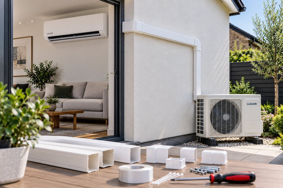 Air conditioning pipework neatly covered with external trunking