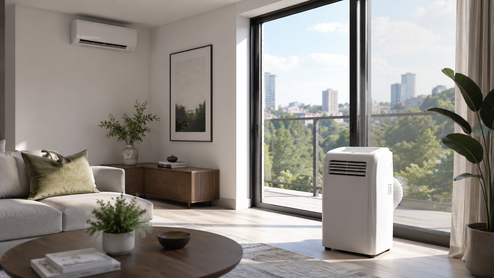 Modern flat living room with compact air conditioning during a UK summer heatwave.