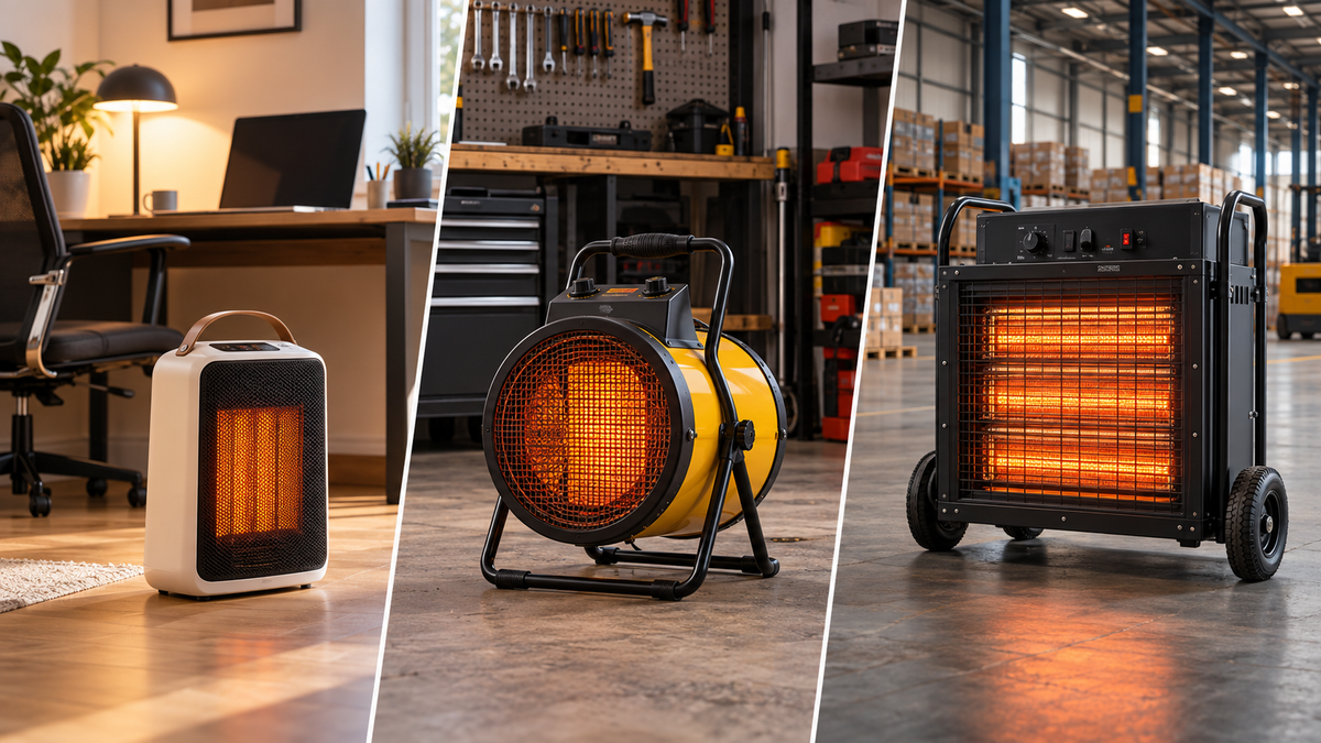 Electric heaters for home office garage workshop and industrial spaces