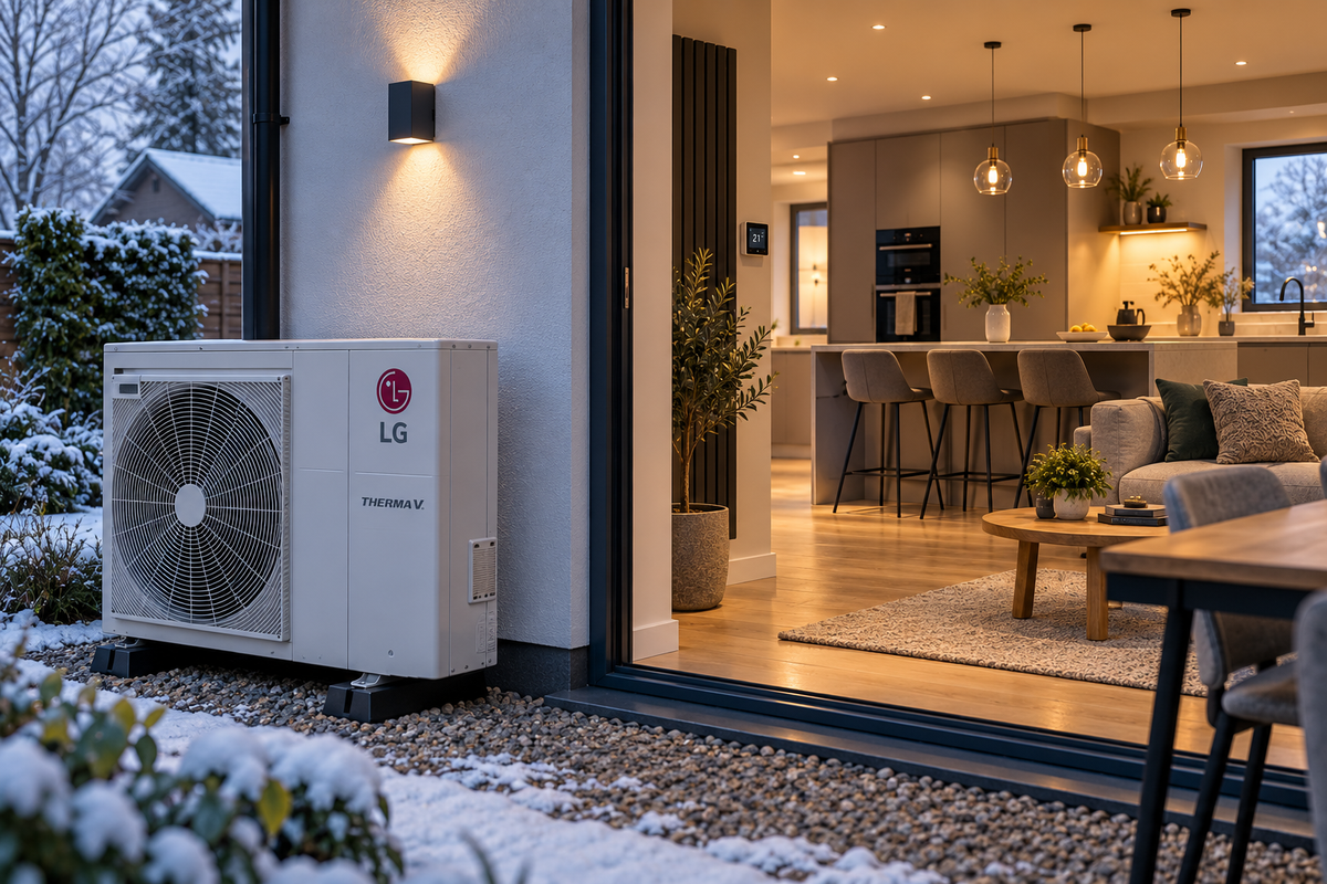 Air source heat pump outside a modern UK home