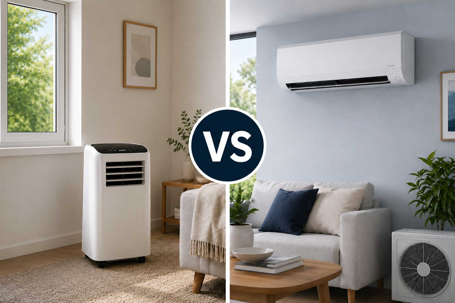 Modern UK living room comparing portable and wall-mounted air conditioning options.