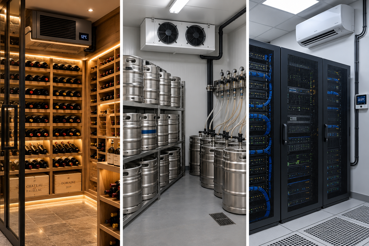Wine cellar beer cellar and server room cooling systems